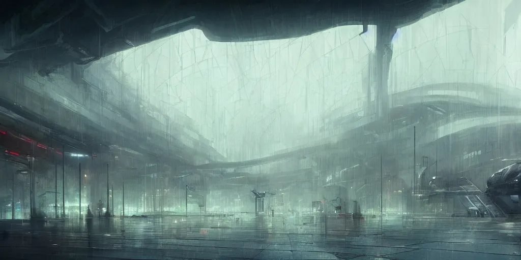 Image similar to futuristic train station by greg rutkowski and ruan jia, washed colors, dark, moody, gloomy, foggy,