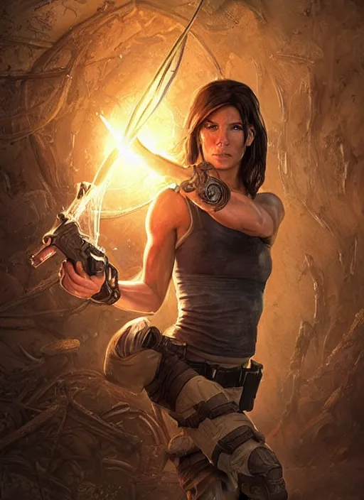 Image similar to Sandra Bullock as Lara Croft as a ruggedly handsome heroine kneeling next to a glowing artifact lodged in shallow water, intricate, elegant, highly detailed, artstation, concept art, smooth, sharp focus, illustration, bokeh art by artgerm and donato giancola and Joseph Christian Leyendecker, WLOP, fireflies