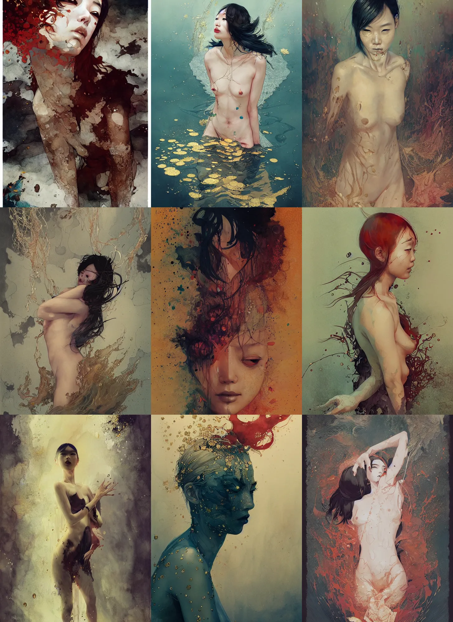 Prompt: lee jin - eun emerging from gold water by conrad roset, jakub rebelka, tran nguyen, ruan jia, martine johanna, bastien lecouffe - deharme, andrew ferez, rule of thirds, seductive look, beautiful