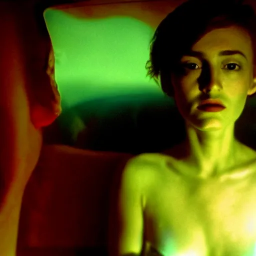 Image similar to movie still of the alien girl, cinematic composition, cinematic light, by david lynch and gaspar noe