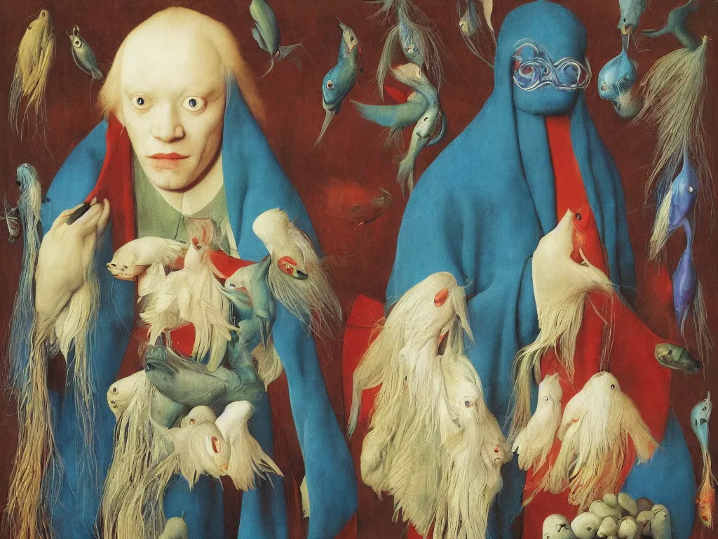 Image similar to Portrait of albino mystic with blue eyes, with exotic beautiful fish. Painting by Jan van Eyck, Audubon, Rene Magritte, Agnes Pelton, Max Ernst, Walton Ford