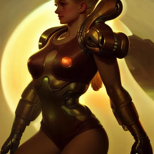 Image similar to of Samus Aran, dark fantasy, medium shot, intricate, elegant, highly detailed, digital painting, volumetric light, artstation, concept art, smooth, sharp focus, illustration, art by Gil Elvgren and Greg Rutkowski and Alphonse Mucha