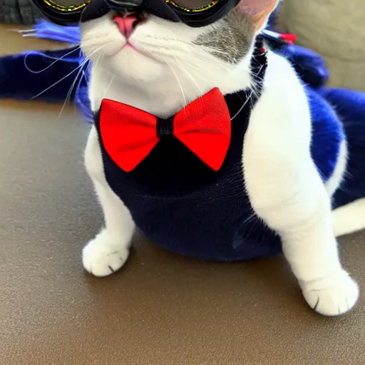 Image similar to sapphire cat wearing black goggles and red bow tie