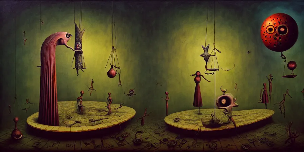 Image similar to trapped on the hedonic treadmill, dark surreal painting by ronny khalil, shaun tan, and leonora carrington