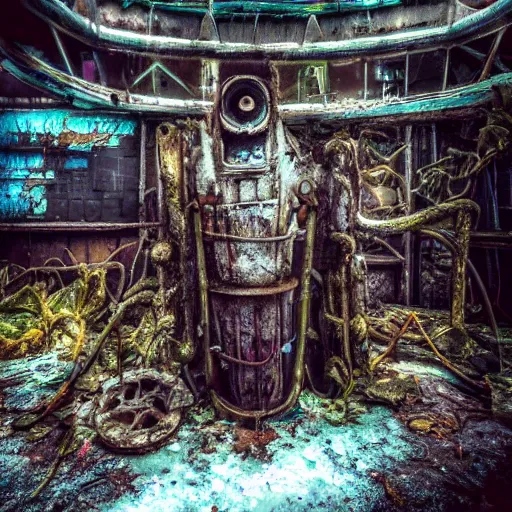 Image similar to abandoned rusty underwater theme park, surreal, horror, eerie, creepy, murky water, underwater, underwater photography, dark, submechanophobia, animatronics,