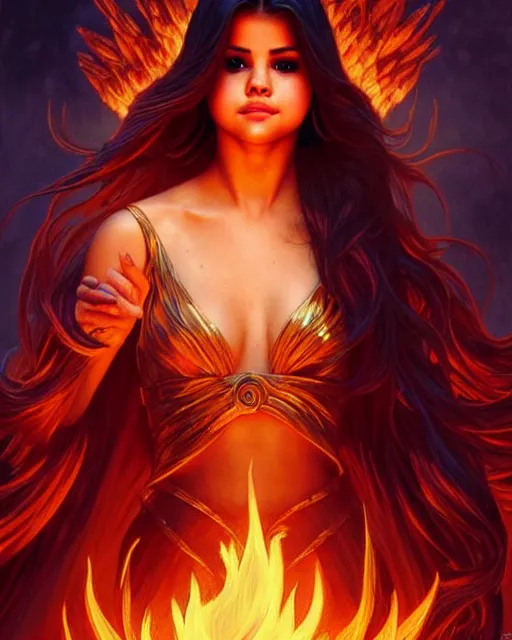 Prompt: Selena Gomez as a sorceress levitating and casting a fire spell, surrounded by fire, D&D, fantasy, intricate, elegant, highly detailed, digital painting, artstation, concept art, matte, sharp focus, illustration, hearthstone, art by Artgerm and Greg Rutkowski and Alphonse Mucha