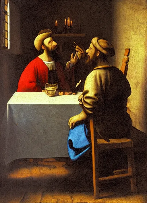 Image similar to a candlelit table at the inn, mario and luigi sitting at the table, swirling smoke, dark smoke, realistic, in the style of leonardo da vinci, dutch golden age, amsterdam, medieval painting by jan van eyck, johannes vermeer, florence