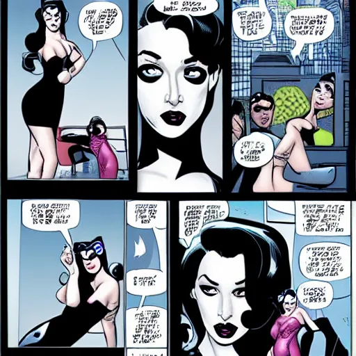 Prompt: a comicbook pane of Kat Dennings as Catwoman, silver age of comics