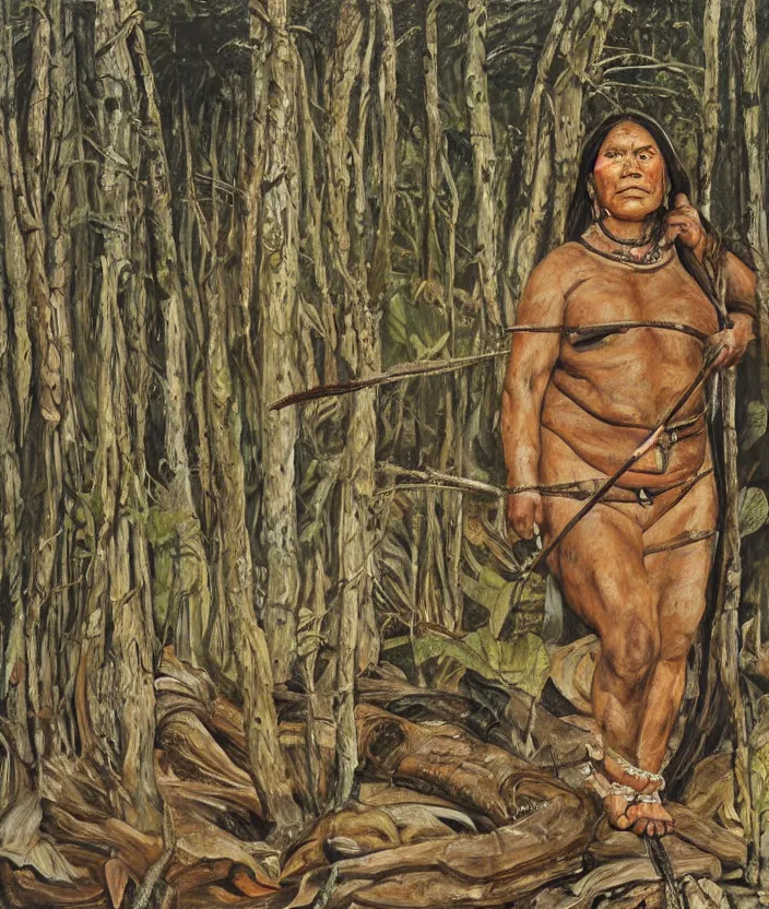 Image similar to indigenous woman warrior in the forest, painted by lucian freud, hd, super detailed, realistic, muted colors