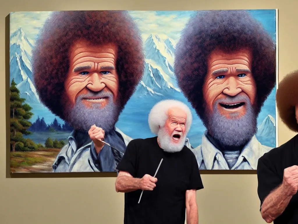 Prompt: old bob ross is sad and angry and yelling at a huge painting by bob ross