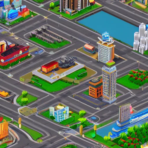 Prompt: simcity isometric cityscape, video game screenshot
