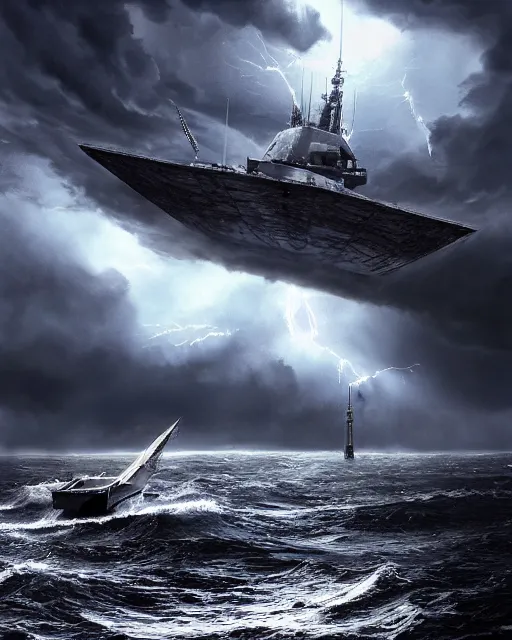 Image similar to a fishing boat on stormy seas, a gigantic star destroyer spaceship flying overhead, the star destroyer spaceship is emerging from storm clouds, stormy weather, lightning, dusk hour lighting, dramatic lighting, unreal engine, hyper realism, realistic shading, cinematic composition, realistic render, octane render, detailed textures, photorealistic, ultrawide shot, 1 6 mm lens