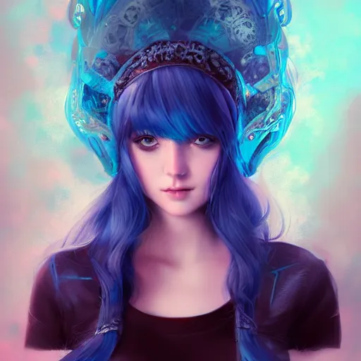 Image similar to teen girl, blue hair, gorgeous, amazing, elegant, intricate, highly detailed, digital painting, artstation, concept art, sharp focus, illustration, art by ross tran