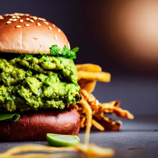 Image similar to vegan hamburger with guacamole and crispy fried onion and fried egg toppings, crispy buns, 8 k resolution, studio lighting, sharp focus, hyper - detailed