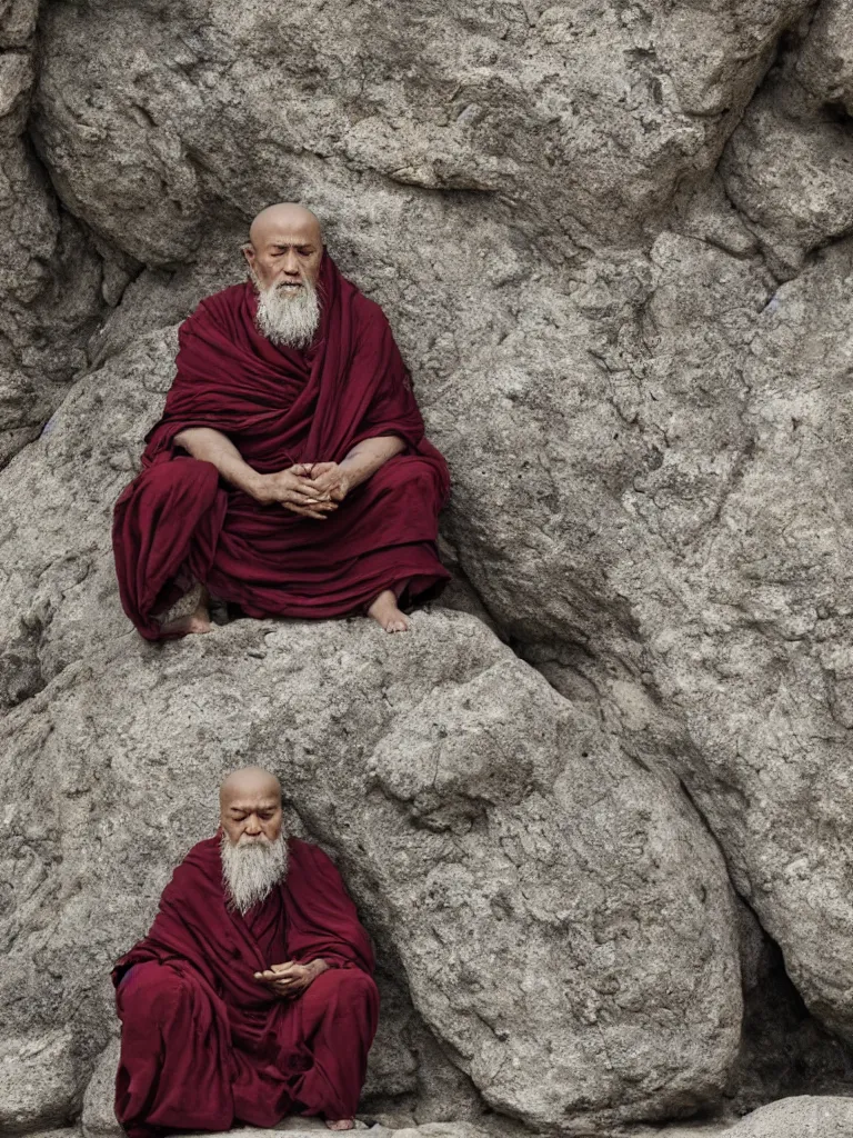 Prompt: hyperdetailed full length portrait of an ancient old monk sitting in contemplation on a singular rock, closed eyes, sharp small focus on the highly detailed monk face, minimalistic scenery, by ridley scott, cinematic light, 4k , diviant art