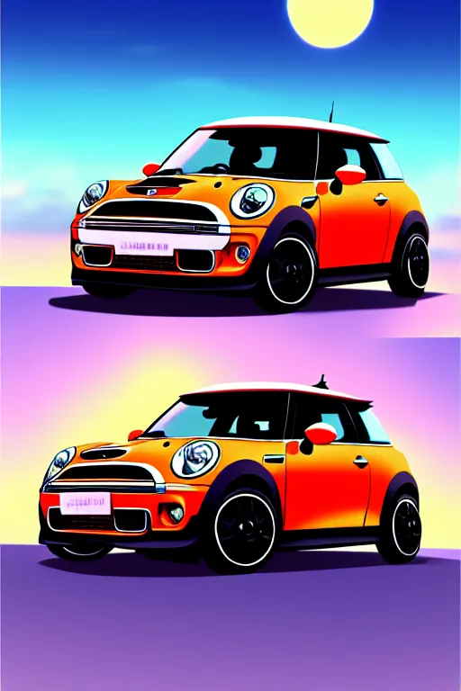 Image similar to anime art vehicle concept art, anime key visual of mini cooper s, at sunset at a beach, trending on pixiv fanbox, studio ghibli, extremely high quality artwork