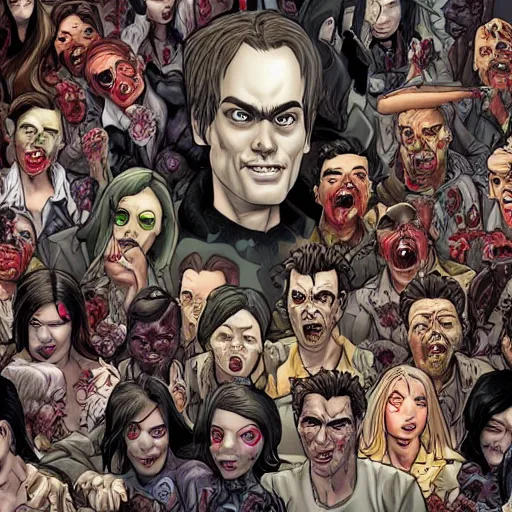 Prompt: a crowd of zombies where everyone is Bill Hader, artgerm, J. Scott Campbell