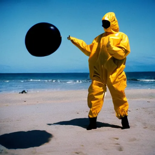 Prompt: a man wearing a hazmat suit holding a beachball, on the beach, film still, arriflex 35