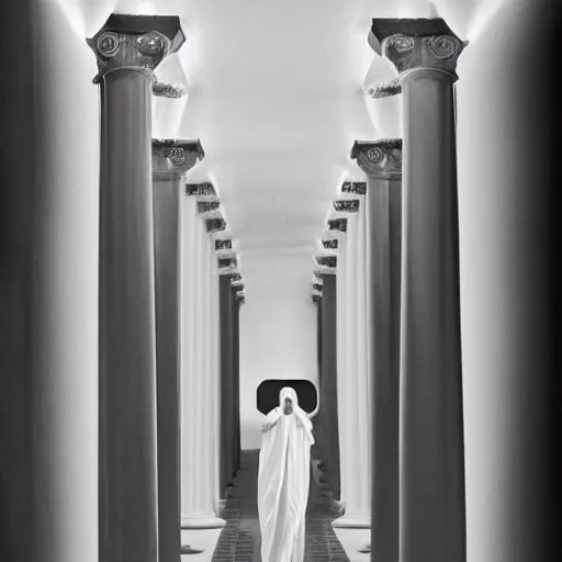 Image similar to nightmare vision, black and white, award winning photo of smiling levitating twin nuns, wearing translucent sheet, Mary in a sanctuary, mirror hallways, eerie, tall columns, frightening —width 1024 —height 1024