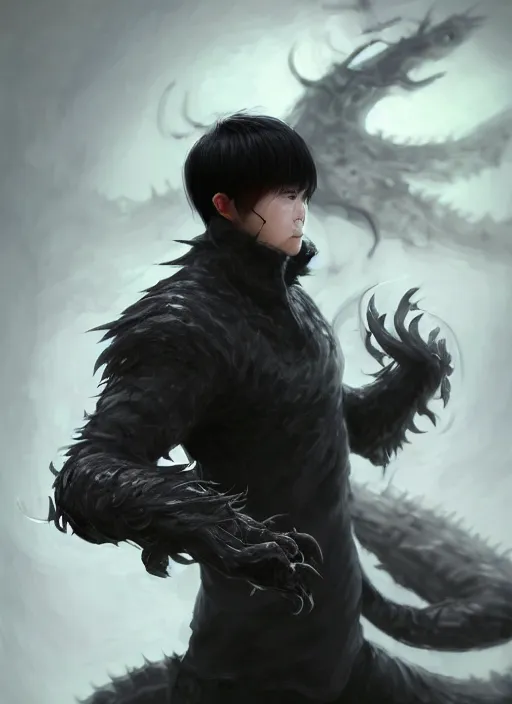 Image similar to a highly detailed illustration of fierce korean man with bowl cut black hair wearing tie with giant black claws, wielding giant black fog claws pose, foggy lovecraftian black mist surrounding background, perfect face, intricate, elegant, highly detailed, centered, digital painting, artstation, concept art, smooth, sharp focus, league of legends concept art, wlop.