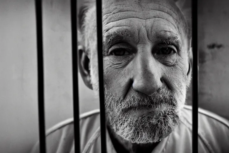 Image similar to an 8 5 mm portrait of a old man in prison looking through the bars of his cell, by annie leibovitz, shallow depth of field, cinematic lighting