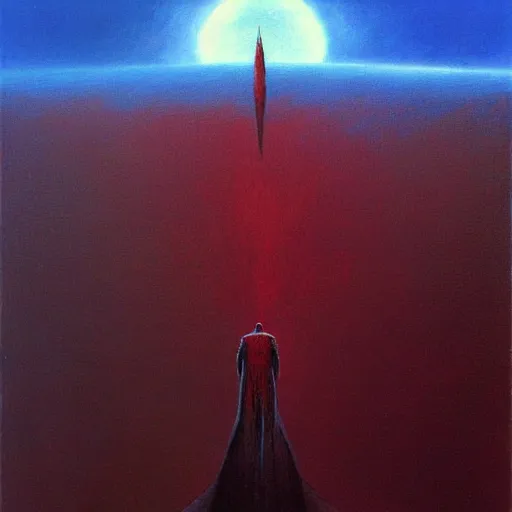 Image similar to long shot of among us red character, space ship in the background, amogus, art by zdzislav beksinski, high quality, dark hues, higly detailed, oil painting