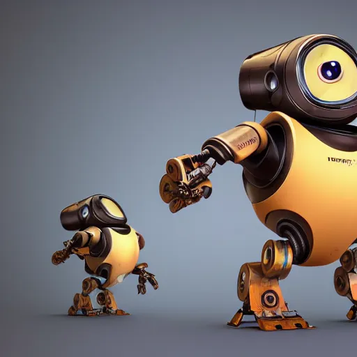 Image similar to two small chubby bots, hyperdetailed colourful, panelling, aerodynamic, intricate detail, holding, style of cute pokemon, with damaged rusty arms, antenna, jerboas, floating, white studio, oil, mechanical, cute toy, wall - e, ambient light, in the style of pixar animation, pokedstudios, blender, octane render, 8 k,