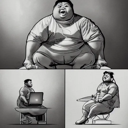 Image similar to a insanely detailed painting of a slightly overweight asian man wearing a homemade superhero costumed, sitting at a computer desk nervously typing on the keyboard, in the style of peter mohrbacher, dramatic lighting and composition, trending on artstation, concept art, comic book, graphic novel