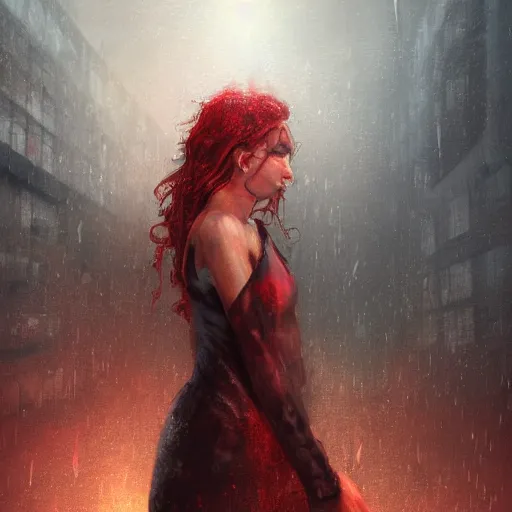 Image similar to impudent facial expression of a shameless woman, impudent facial expression of shameless woman, atmosphere of bloody rain, cross in the distance, trending on artstation, highly detailed, digital painting, volumetric light, concept art, sharp focus, illustration