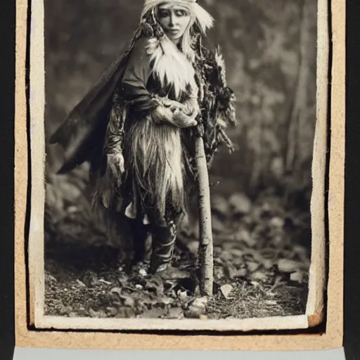 Prompt: a gnome druid wearing leather clothing poses with her wolf, has leaves and sticks in her hair, by gertrude kasebier