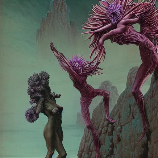 Image similar to woman commands flower creatures, by wayne barlowe