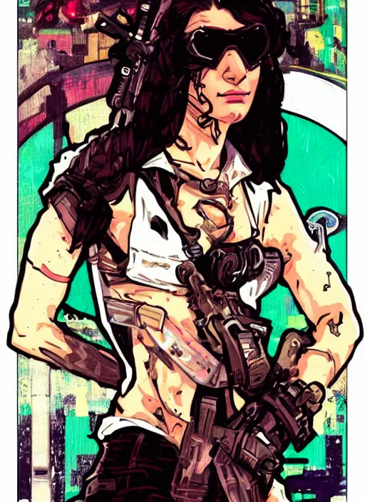 Prompt: maria. buff cyberpunk mercenary. portrait illustration, pop art, splash painting, art by ashley wood, alphonse mucha, laurie greasley and josan gonzales