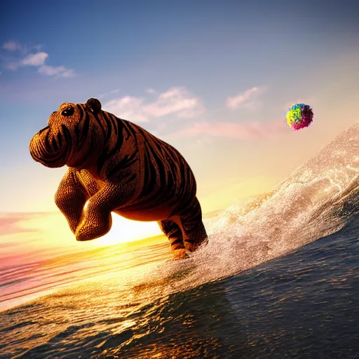 Image similar to a closeup photorealistic photograph of a cute smiling knitted tiger hippopotamus chasing a beachball at sunset. surf in the background. professional capture. this 4 k hd image is trending on artstation, featured on behance, well - rendered, extra crisp, features intricate detail, epic composition and the style of unreal engine.