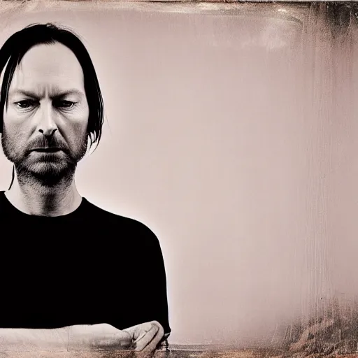 Image similar to Radiohead, Thom, with a beard and a black shirt, a computer rendering by Martin Schoeller, cgsociety, de stijl, uhd image, tintype photograph, studio portrait, 1990s, calotype