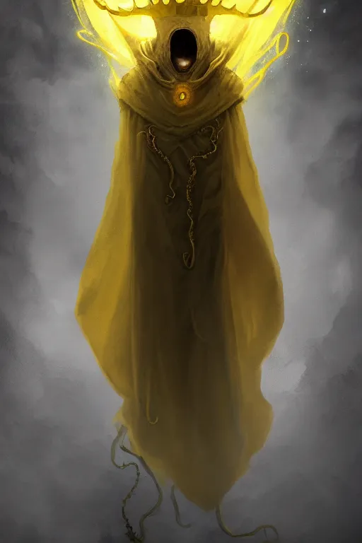 Image similar to A full body portrait of a mysterious character with no face with a very long hooded yellow cloak, a golden crown floating above his head tentacles coming out the ground art by Shaddy Safadi and Jason Chan, ominous, cosmic horror, trending on artstation, Ultra detailed, hyper realistic 4k