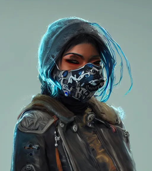 Image similar to a girl wearing a jacket, mask, punk outfit, highly detailed, digital painting, artstation, concept art, smooth, sharp focus, illustration