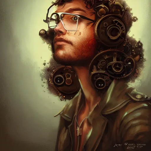 Prompt: steampunk surgeon with intricate eyeglasses, curly hair, by Anato Finnstark, Tom Bagshaw, Brom