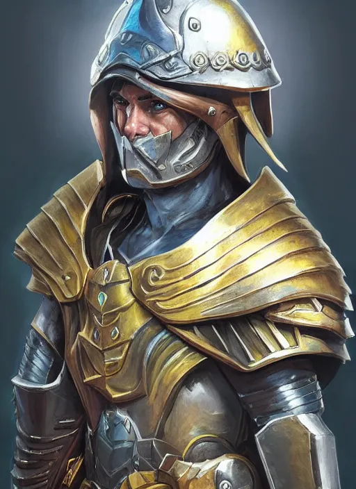 Prompt: paladin wearing helmet detailed, ultra detailed fantasy, dndbeyond, bright, colourful, realistic, dnd character portrait, full body, pathfinder, pinterest, art by ralph horsley, dnd, rpg, lotr game design fanart by concept art, behance hd, artstation, deviantart, hdr render in unreal engine 5