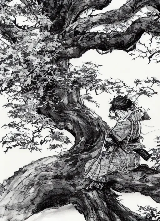 Image similar to a samurai resting beneath a giant tree, by takehiko inoue and kim jung gi and hiroya oku, masterpiece ink illustration