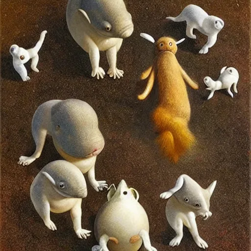 Prompt: by emma geary, by michael sowa. a beautiful street art of a group of creatures that looks like a mix of different animals. most of the creatures have human - like features, such as arms & legs, & some are standing upright while others are crawling or flying.