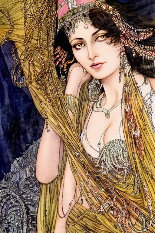 Image similar to detailed portrait of mata hari closeup face surrounded by swirling sari fabric frame, art by luis royo and walter crane and kay nielsen, watercolor illustration, sharp focus