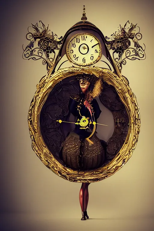 Image similar to a anthropomorphic clock, silk hat, full body, dark fantasy, concept art, gothic, intricate, ornate, ultra realistic, octane render