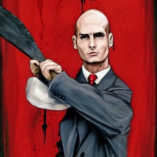 Prompt: Bald Patrick Bateman from American Psycho (2000) swinging an ax in with his hands while wearing a poncho covered in blood, photorealistic, high quality