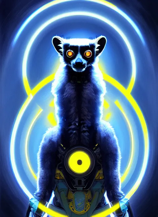 Image similar to symmetry!! portrait of a lemur, sci - fi, tech wear, blue and yellow glowing lights!! intricate, elegant, highly detailed, digital painting, artstation, concept art, smooth, sharp focus, illustration, art by artgerm and greg rutkowski and alphonse mucha