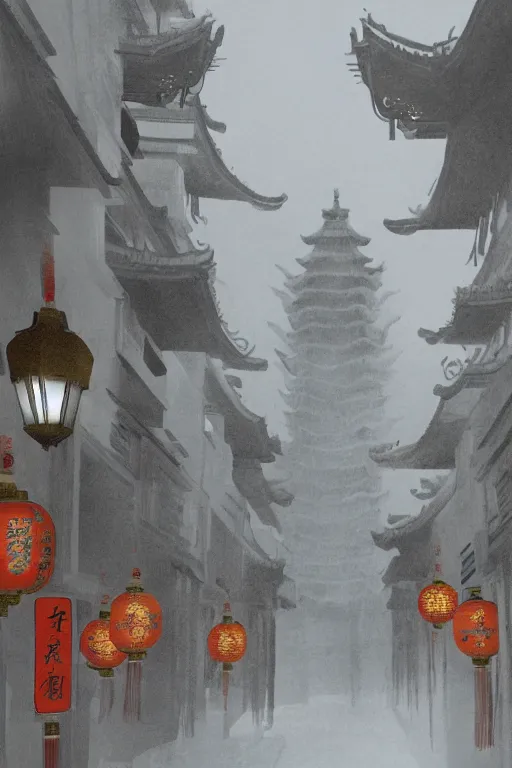 Image similar to on the night of the chinese new year's day, many chinese ghosts wander in the ancient chinese streets. the guiding line composition method, the tindal effect, the soft light, the cool color, by wu jinyuan, trending on artstation