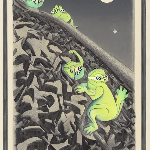 Image similar to pesta i trappen by theodor severin kittelsen, pepe the frog