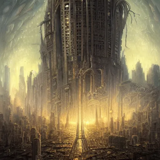 low angle shot of a city by clive barker, intricate, | Stable Diffusion