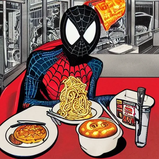 Image similar to spiderman eating ramen at dunkin donuts, H.R. Giger