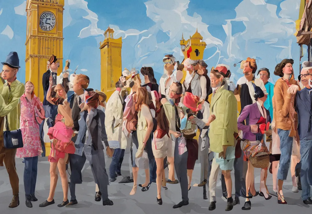 Image similar to full body portrait of a group, a row of a several european tourists getting off a tour bus, standing with a variety of poses and props, several character designs, sightseeing, a detailed painting, in the style of wes anderson, lola dupre, david hockney, isolated on negative white space background dark monochrome neon spraypaint accents volumetric octane render