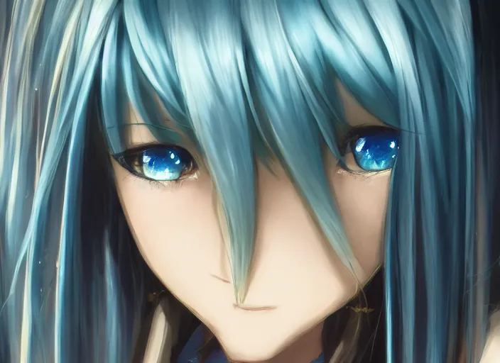 Image similar to pretty rimuru tempest in a bar, sky blue straight hair, bangs, with amber eyes, gold eyes, wearing a black jacket, high collar, ultra detailed, concept art, award winning photography, digital painting, cinematic, by wlop, anime key visual, closeup, pixiv, happy, yoshitaka amano, ilya kuvshinov,